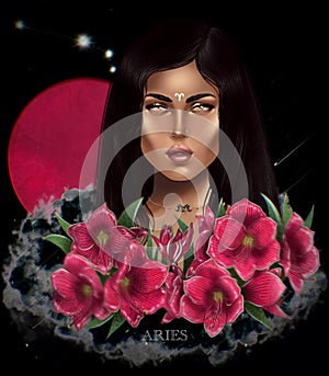 Zodiac flowers girl in vintage style. Abstract love symbol. Fashion concept. Vintage style. Digital illustration. Aries zodiac