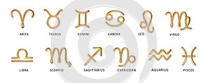 Zodiac gold signs with latin names vector illustrations set. Realistic symbols for astrological calendar, horoscope