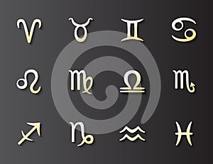 Zodiac golden signs set for web and print. Vector symbol set