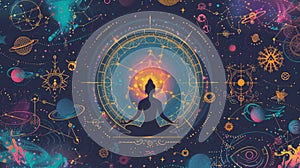 Zodiac Harmony with Meditative Figure in Deep Space