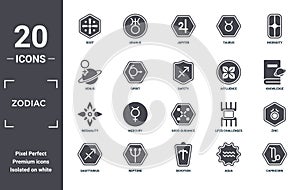 zodiac icon set. include creative elements as soot, ingenuity, affluence, gods guidance, neptune, inequality filled icons can be