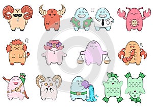 Zodiac icons. Collection of twelve icons of zodiac signs. Vector doodle illustration with cartoon comic characters