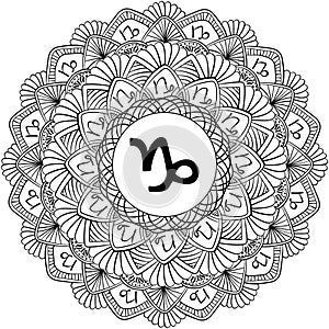 Zodiac mandala Capricorn, fantasy coloring page with astrological sign and meditative lines photo