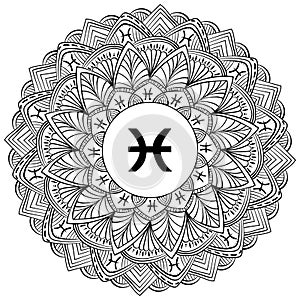 Zodiac mandala Pisces, fantasy coloring page with astrological sign and meditative waves photo