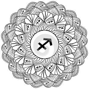 Zodiac mandala Sagittarius, fantasy coloring page with astrological sign and meditative doodles photo