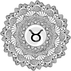 Zodiac mandala Taurus, fantasy coloring page with astrological sign and meditative squiggles photo