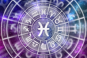 Zodiac Pisces symbol inside of horoscope circle