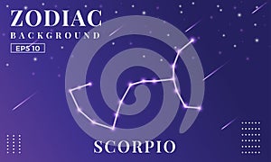 Zodiac Scorpio background at night with beautiful shooting star and stars ornaments. Perfect for copybook brochures, school books