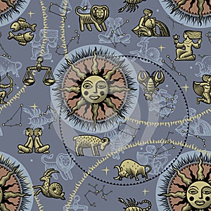 Zodiac seamless pattern background with the sun, signs and the constellations