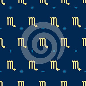 Zodiac seamless pattern. Repeating scorpio gold sign with stars on the blue background. Vector horoscope symbol