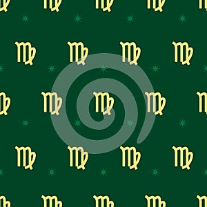 Zodiac seamless pattern. Repeating virgo gold sign with stars on the green background. Vector horoscope symbol