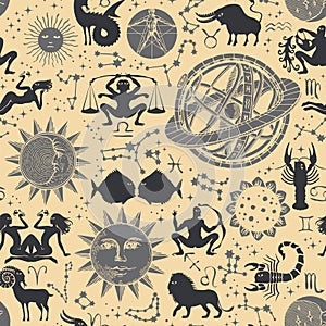 Zodiac seamless pattern with sun, moon, stars