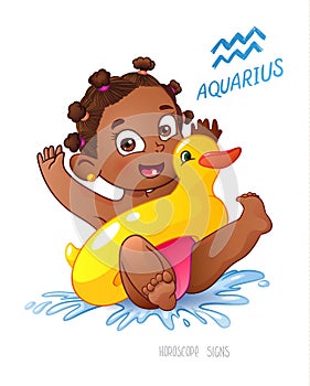 Zodiac sign Aquarius. African American child enjoys swimming. water fun, splashing and rescue circle inflatable duck.