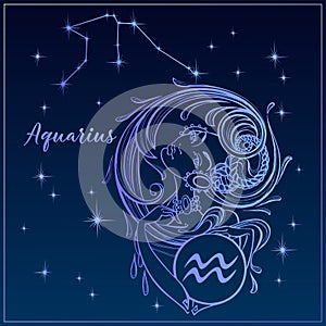 Zodiac sign Aquarius as a beautiful girl. The Constellation Of Aquarius. Night sky. Horoscope. Astrology. Vector