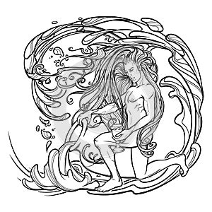 Zodiac sign Aquarius. Beautiful young man with long hair holding large amphora. Black and white sketch