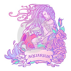 Zodiac sign Aquarius. Beautiful young man with long hair holding large amphora. Pastel goth palette