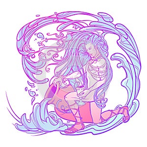 Zodiac sign Aquarius. Beautiful young man with long hair holding large amphora. Pastel goth palette