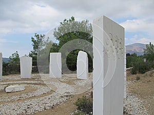 The zodiac sign Aquarius is carved on a marble slab on the Aegean coast on the island of Thassos