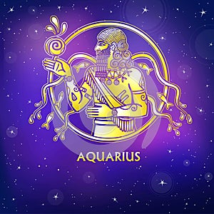 Zodiac sign Aquarius. Character of Sumerian mythology. Gold imitation.