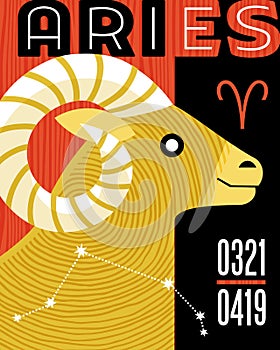 Zodiac sign Aries. Abstract design with ram, symbols and constellation.