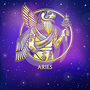 Zodiac sign Aries. Character of Sumerian mythology. Gold imitation.