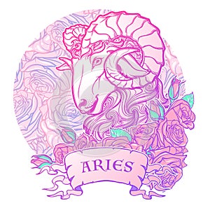 Zodiac sign of Aries. with a decorative frame roses Astrology concept art. Tattoo design