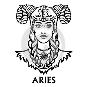 Zodiac sign Aries. Fantastic princess, animation portrait.