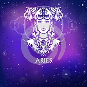 Zodiac sign Aries. Fantastic princess, animation portrait. White drawing, background - the night stellar sky. photo