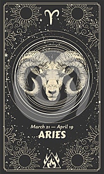Zodiac sign Aries, modern vertical mystical astrological card on black universal background, constellation, alchemy