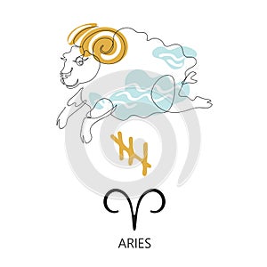 Zodiac sign Aries. One line. Vector illustration in the style of minimalism. Continuous line.