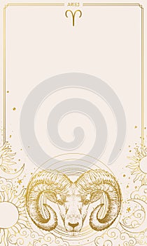 Zodiac sign Aries, outline hand drawing, modern vertical mystical astrological chart on a beige background with copy