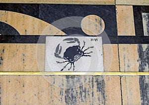 Zodiac sign Cancer along the meridian line of the sundial in the Milan Cathedral, Italy.