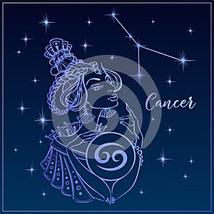 Zodiac sign Cancer as a beautiful girl. The Constellation Of Cancer. Night sky. Horoscope. Astrology. Vector