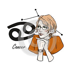 Zodiac sign Cancer. Beautiful girl in glasses on white isolated background