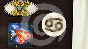 Zodiac sign Cancer, beautiful golden stars and the red star cancer constellation image on brown wall background