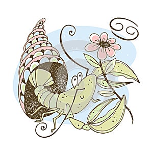 Zodiac sign Cancer. Cute crustacean with a flower sitting in a shell. Vector photo