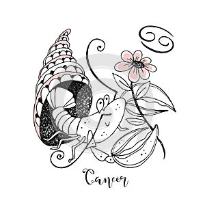 Zodiac sign Cancer. Cute crustacean with a flower sitting in a shell. Vector photo