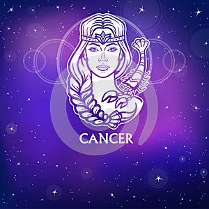 Zodiac sign Cancer. Fantastic princess, animation portrait. White drawing, background - the night stellar sky.