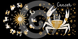 Zodiac sign Cancer. Horoscope and astrology. Full horoscope in the circle. Horoscope wheel zodiac with twelve signs vector