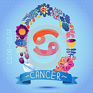 Zodiac sign CANCER, in sweet floral wreath. Horoscope sign, flowers, leaves and ribbon