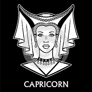 Zodiac sign Capricorn. Fantastic princess, animation portrait.