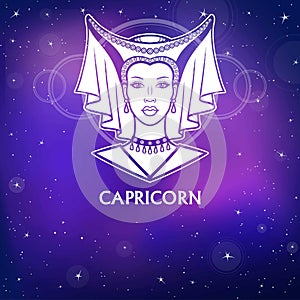 Zodiac sign Capricorn. Fantastic princess, animation portrait. White drawing, background - the night stellar sky. photo