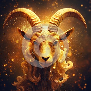 Zodiac sign of Capricorn, fantasy gold goat on night sky background, generative AI