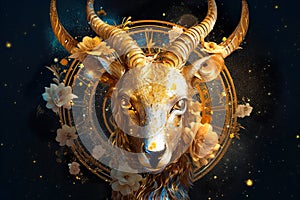 Zodiac sign of Capricorn, goat and horoscope wheel on sky background