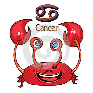 Zodiac sign cartoon Cancer, astrological character. Painted funny cancer with a symbol isolated on white background, vector drawin
