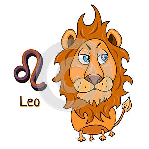 Zodiac sign cartoon Leo, astrological character. Painted funny leo with a symbol isolated on white background, vector drawing