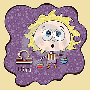 Zodiac sign cartoon Libra, astrological character, hand drawing. Painted funny libra in the frame in the form of an abstract purpl