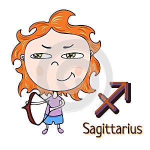 Zodiac sign cartoon Sagittarius, astrological character. Painted funny sagittarius with a symbol isolated on white background, vec