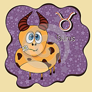 Zodiac sign cartoon Taurus, astrological character, hand drawing. Painted funny taurus in the frame in the form of an abstract pur