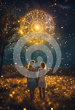 zodiac sign Gemini on a background of stars. Selective focus.